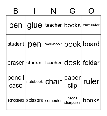 School objects Bingo Card