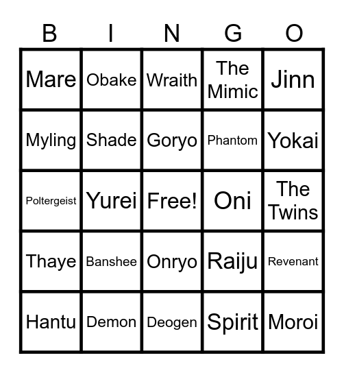 Phasmophobia Ghost Types Bingo Card