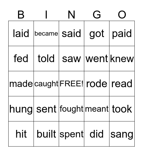 Irregular Past Tense Verbs Bingo Card