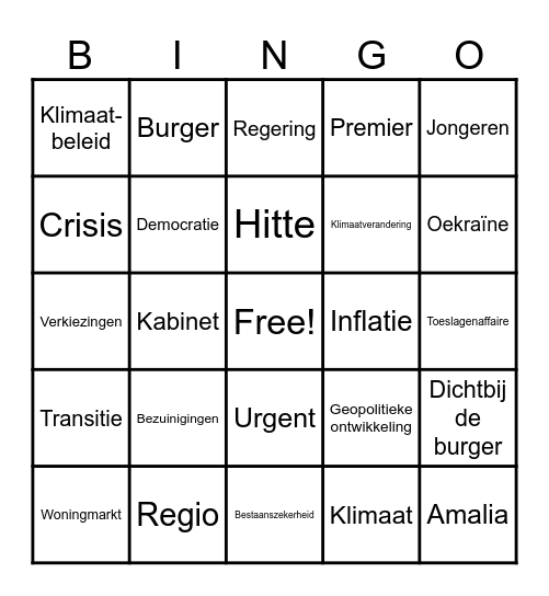 Prinsjesdagtroonrede 19 sept 2023 Bingo Card