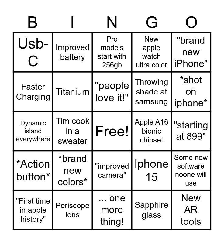 Apple keynote 2023 Bingo Card