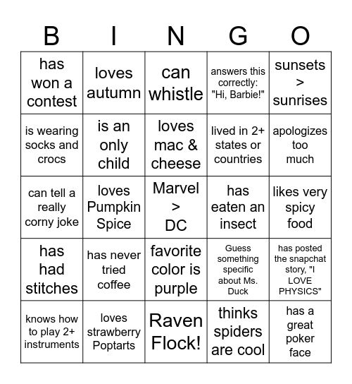 Duckworth Bingo v1.1 Bingo Card