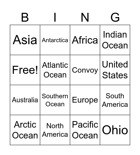 Continents and Oceans Bingo Card