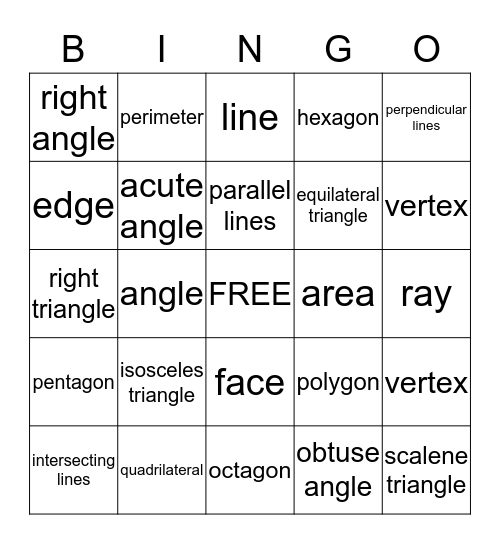 Geometry Bingo Card