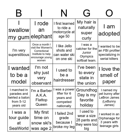 Getting to know you Bingo Card