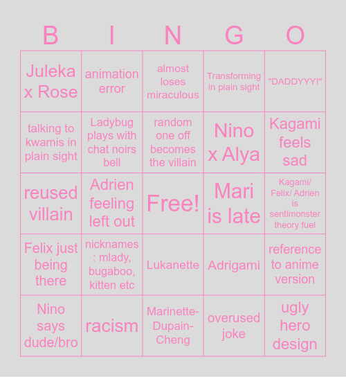 Miraculous Ladybug Bingo Card