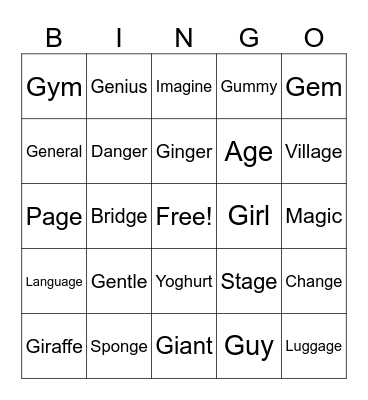 Spelling Week 4:  Soft and Hard G Bingo Card