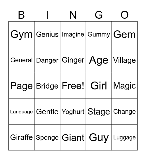 Spelling Week 4:  Soft and Hard G Bingo Card