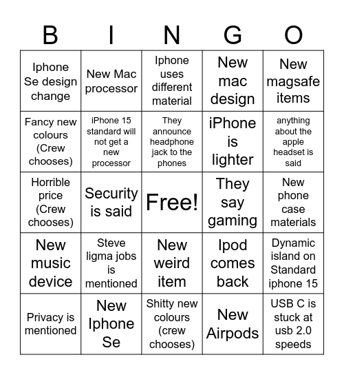 Apple Event bingo board Bingo Card