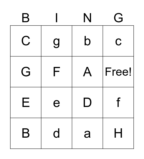 Letters A - H Bingo Card