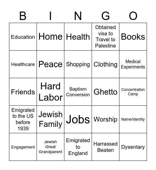 Holocaust Bingo Card