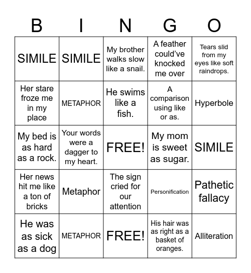 Similes and Metaphors Bingo Card