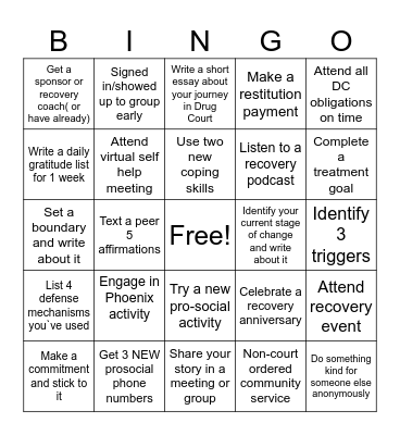RECOVERY MONTH BINGO Card