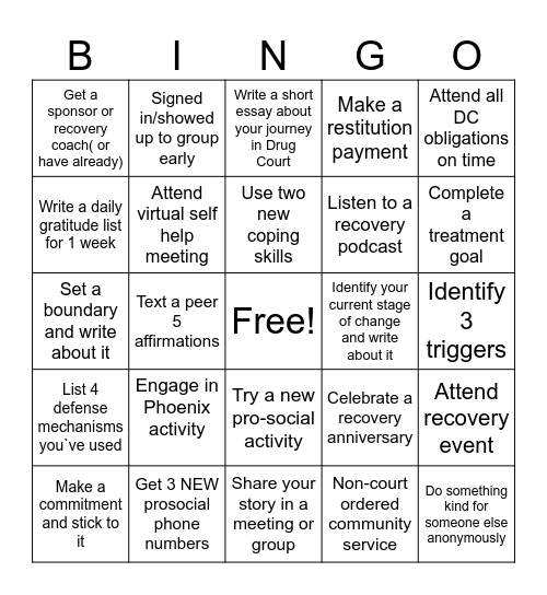 RECOVERY MONTH BINGO Card