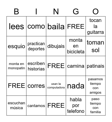 The present tense Bingo Card