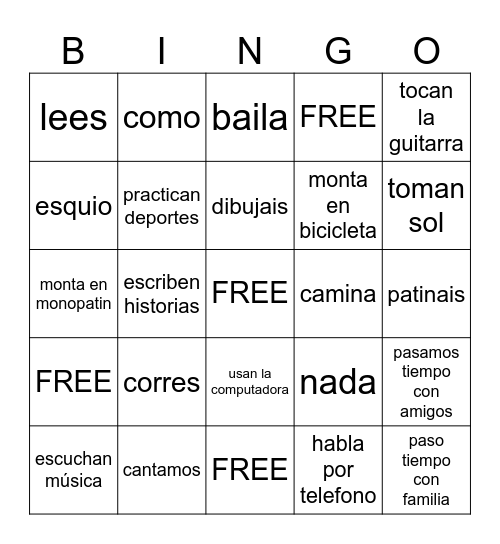 The present tense Bingo Card