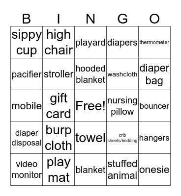 Amelia's Baby Shower Bingo Card