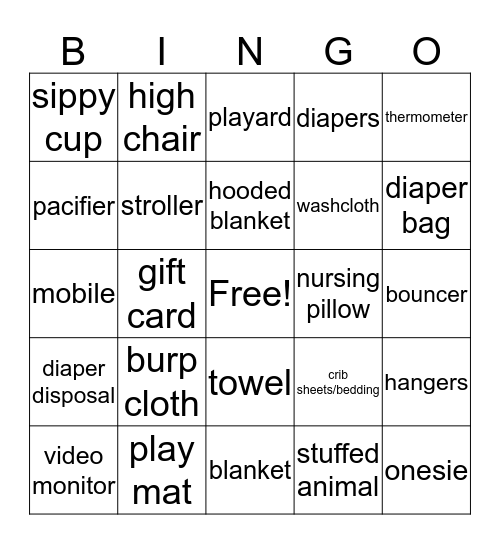 Amelia's Baby Shower Bingo Card