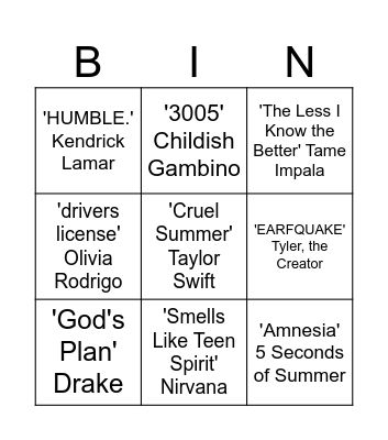 Musical Bingo Card