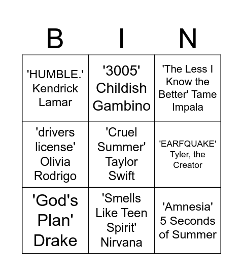 Musical Bingo Card