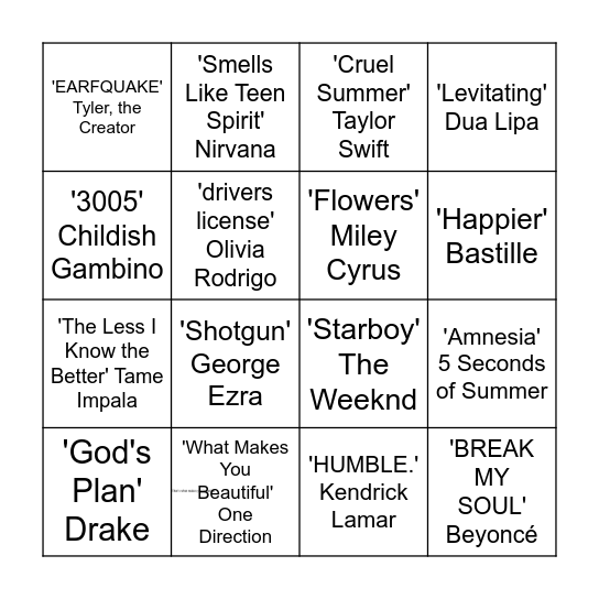 Musical Bingo Card