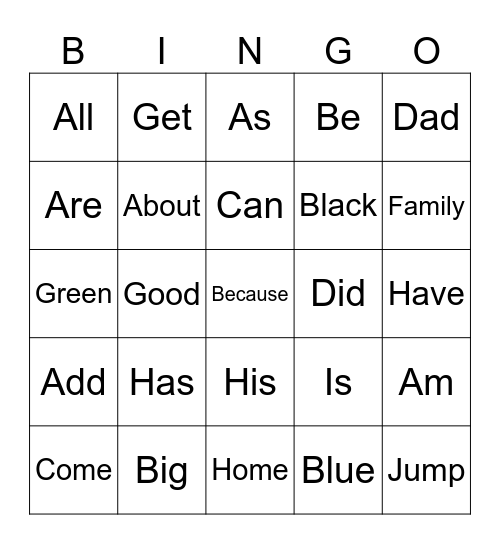 Grade 1 Sight Word Bingo Card