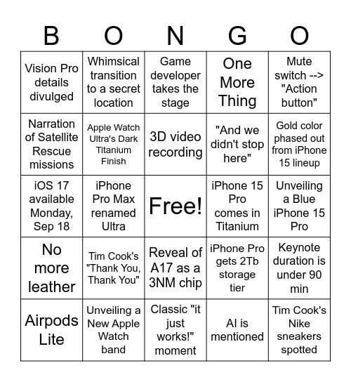 Apple event Sep 2023 Bingo Card