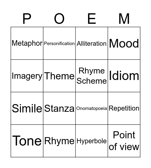 Poetry Bingo Card