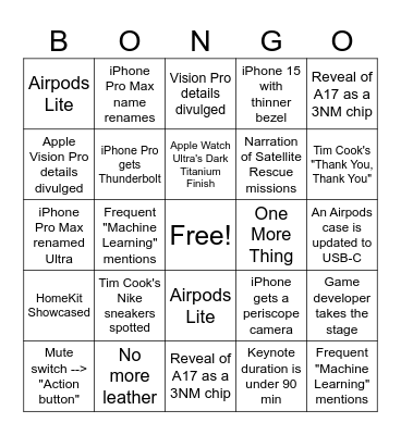 Apple event Sep 2023 Bingo Card