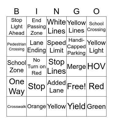 Road Signs/Highway Marking Bingo Card