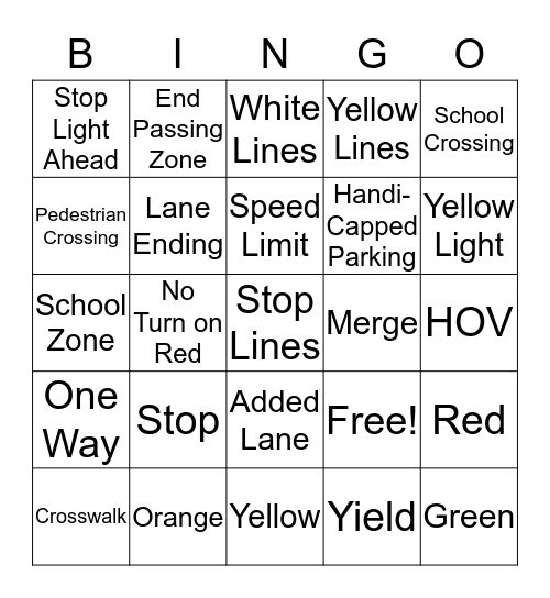 Road Signs/Highway Marking Bingo Card