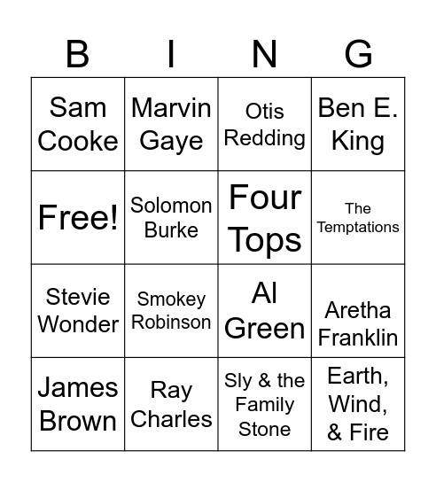 Soul, Funk, & R&B Bingo Card