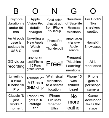 Apple event Sep 2023 Bingo Card