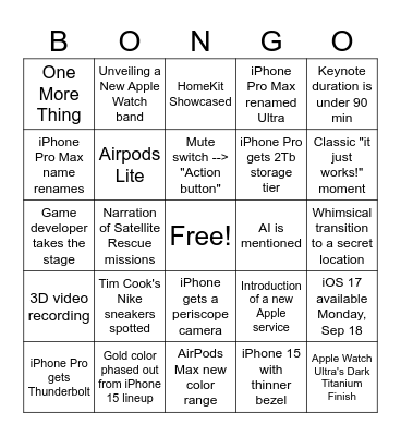 Apple event Sep 2023 Bingo Card