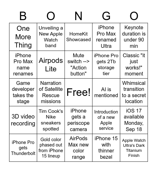 Apple event Sep 2023 Bingo Card