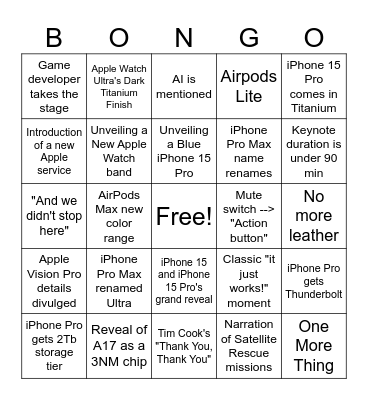 Apple event sep 2023 Bingo Card