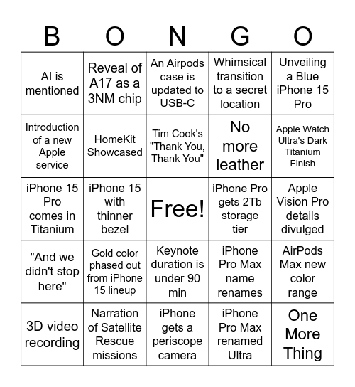 Apple event 2023 Bingo Card