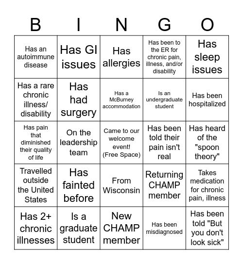 CHAMP Bingo Card