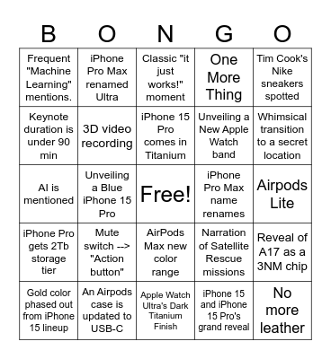 Apple event sep 2023 Bingo Card