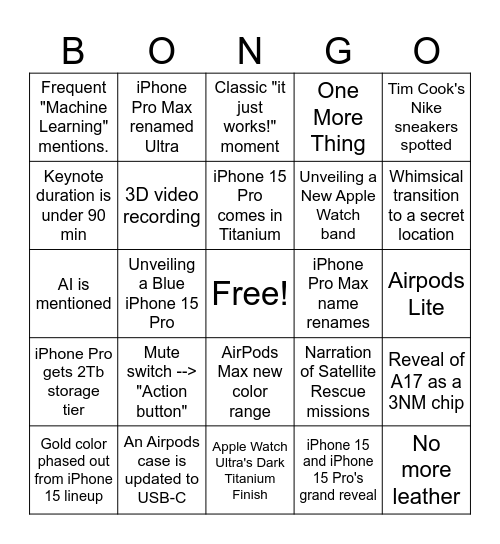 Apple event sep 2023 Bingo Card