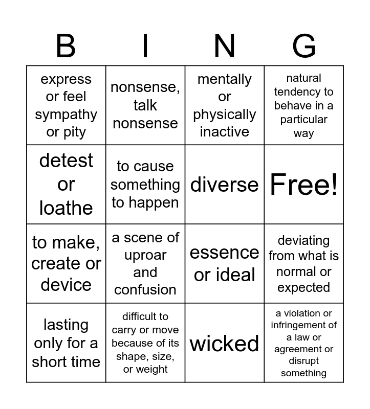 Vocabulary 9th Grade Bingo Card