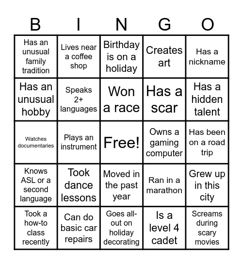 Get to know you BINGO Card
