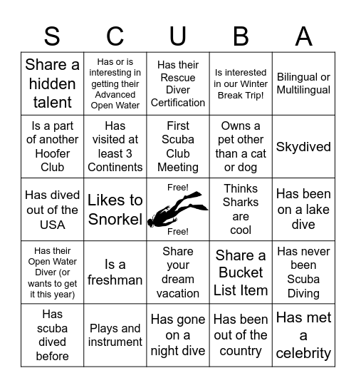 SCUBA Club Bingo Card