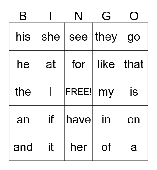 Sight Word Bingo Card
