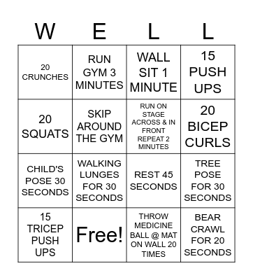 6th GRADE WELLNESS Bingo Card
