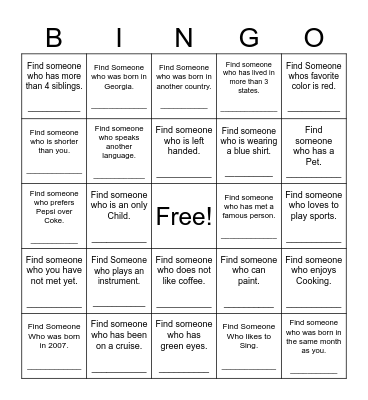 Find Someone Who Bingo Card