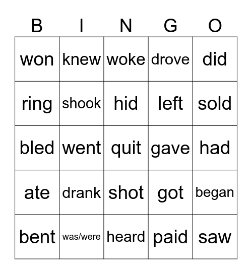 Irregular Verbs - Simple Past Bingo Card