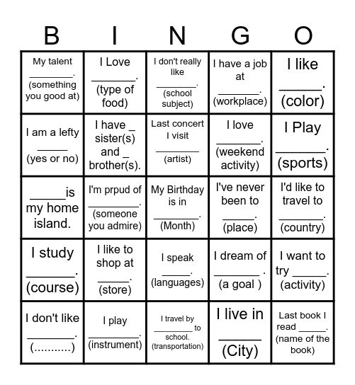 What do we have in common? Bingo Card