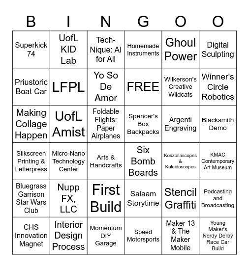 Louisville Maker's Faire 2023 Bingo Card
