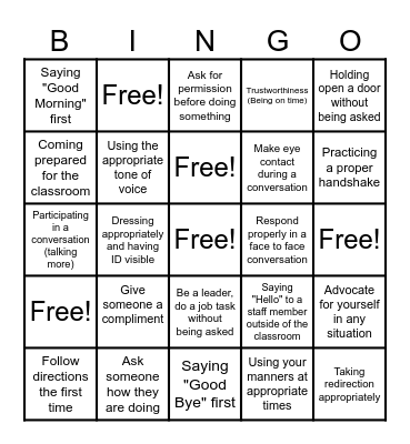 Social Skills BINGO Card